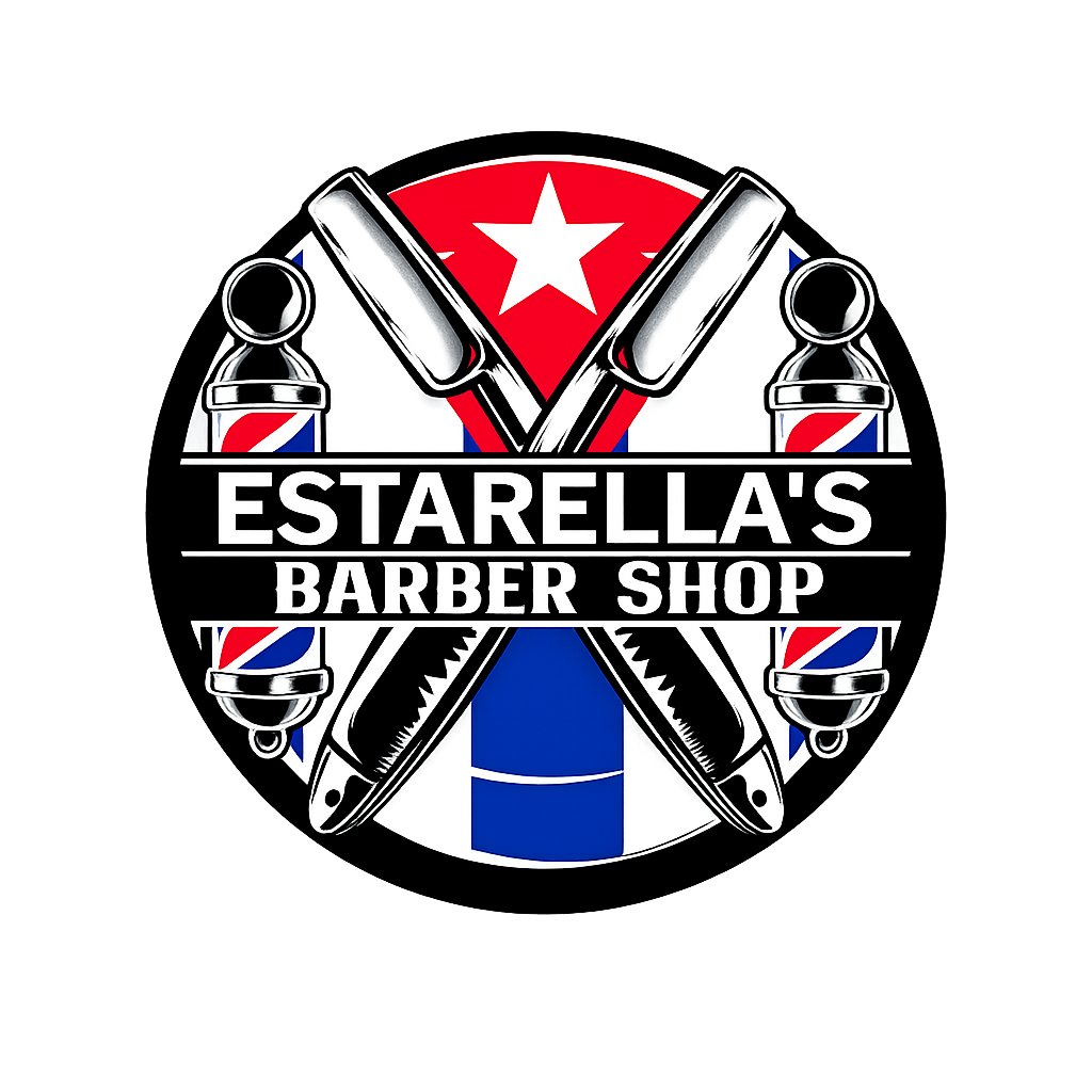 Estarella's Barber Shop logo with crossed razors and barber poles